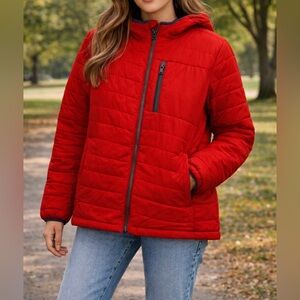 Lands’ End Red Quilted Puffer Jacket Hooded Full Zip XL GUC